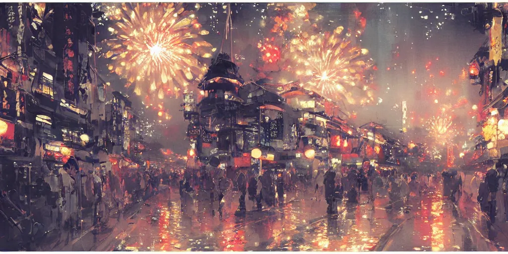 Prompt: anime kyoto animation key by greg rutkowski night, fireworks festival, kimono