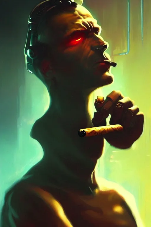 Image similar to An android lighting a single cigar in a cyberpunk setting, by Frank Frazetta, wearing rings, dramatic lighting, high contrast colours, as trending on Artstation, highly detailed,