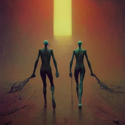 Image similar to running demons, by beksinski and tristan eaton, dark neon trimmed beautiful dystopian digital art