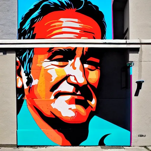 Prompt: robin williams street art mural by sachin teng x supreme : 1 high contrast, hard edges, matte painting, geometric shapes, masterpiece : 1