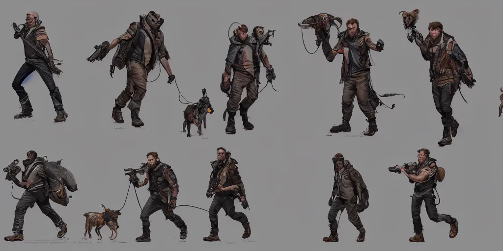 Image similar to cartoonish chris pratt walking five dogs, character sheet, fine details, concept design, contrast, kim jung gi, greg rutkowski, trending on artstation, 8 k, full body, turnaround, front view, back view, ultra wide angle