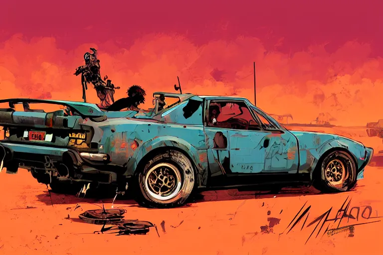 Image similar to digital illustration of mad max's toyota mr 2 pursuit special, by makoto shinkai, ilya kuvshinov, lois van baarle, rossdraws, basquiat