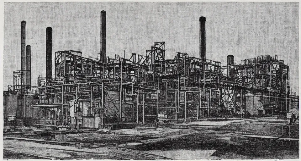 Image similar to a cmyk risograph print of a steel mill in birmingham england, early 1 9 0 0's