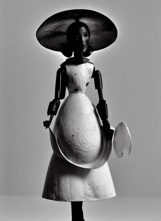 Image similar to realistic photo of a a medieval wooden barbie girl doll sculpture dressed white spherical hat helmet made of plastic, black brushwood, greyscale grain 1 9 6 0, life magazine photo, natural colors, metropolitan museum, kodak