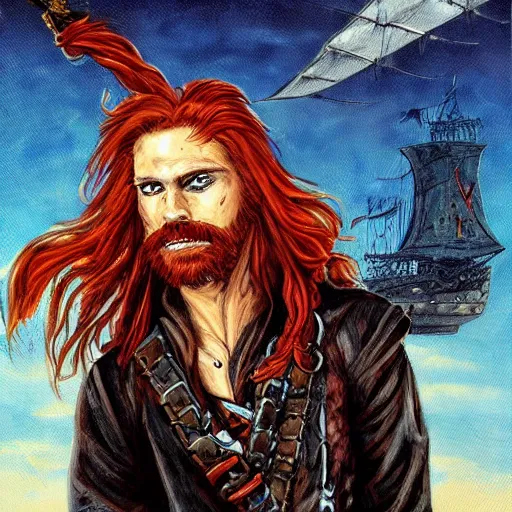 Prompt: an epic fantasy comic book style portrait painting of a long haired, red headed male sky - pirate in front of an airship in the style of ed binkley