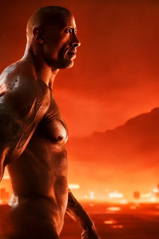 Image similar to An epic cinematic film still of Dwayne Johnson in the movie Blade Runner: 2049.