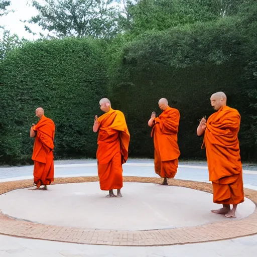 Prompt: Six monks standing in a circle, a portal inside the circle