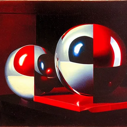 Prompt: chrome spheres on a red cube by caravaggio