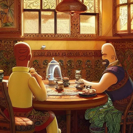 Image similar to Homer Simpson drinking tea in a Kurdish tea house, intricate, elegant, highly detailed, digital painting, artstation, concept art, matte, sharp focus, illustration, art by Artgerm and Greg Rutkowski and Enki Bilal