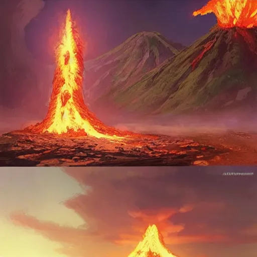 Image similar to a volcano erupting marshmallows on an island, highly detailed, concept art, art by wlop and artgerm and greg rutkowski, masterpiece, trending on artstation, 8 k