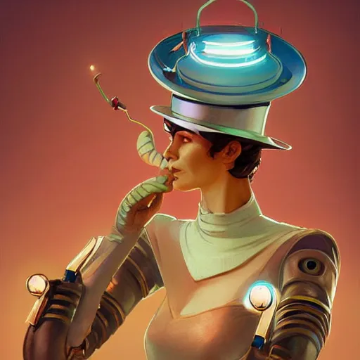 Image similar to a prim futurama robot bender with a top hat on his head and a monocle. digital art, artstation, concept art, smooth, sharp focus, illustration, art by artgerm and greg rutkowski and alphonse mucha and loish and wlop