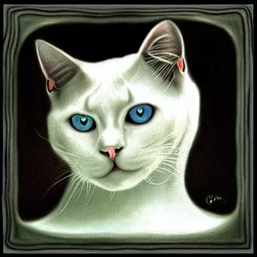 Image similar to white cat, by hr giger!!!