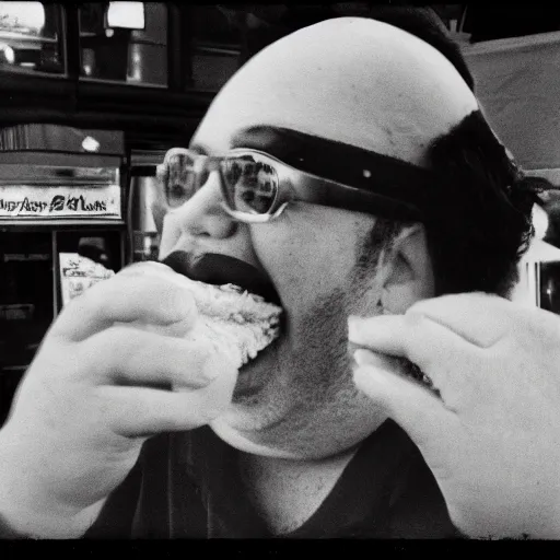 Image similar to a black and white film photograph of a fat man eating a sandwich. holga, lomo, toy camera, film, tri - x, plus - x, vintage