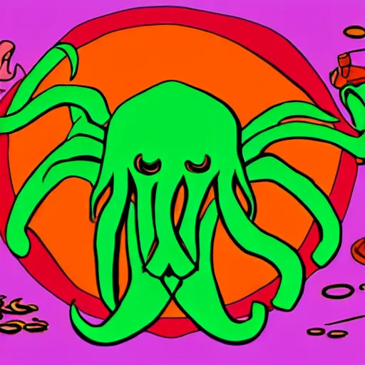 Image similar to Cthulhu as a modern day business man with a family and a drug and gambling addiction, psychedelic , 50s style infomercial , award winning , retro futuristic