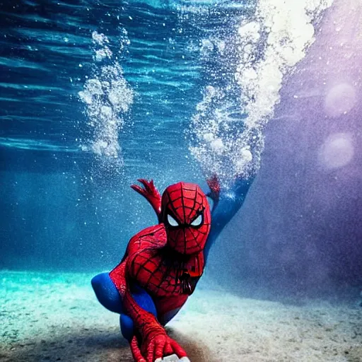 Prompt: underwater shoot photo of Spiderman , high detail , perfect photo