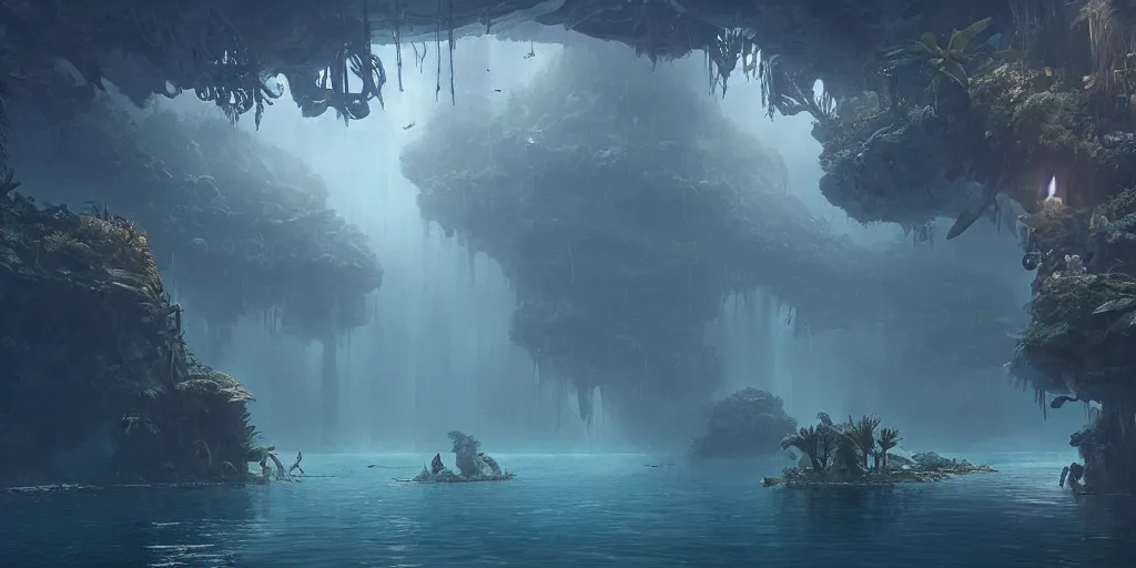 Prompt: screenshot from a movie, epic matte painting of the under water jungle of the damned, cinematic cinematography masterpiece, greg rutkowski, and ivan aivazovski, roger deakins