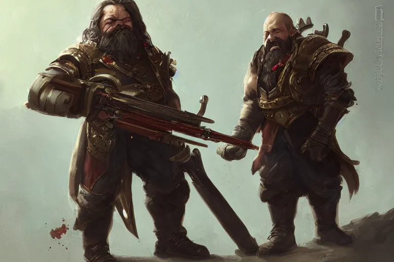 Image similar to this dwarven plasma gunner is holding a flintlock rifle charged by lightning by Greg Rutkowski