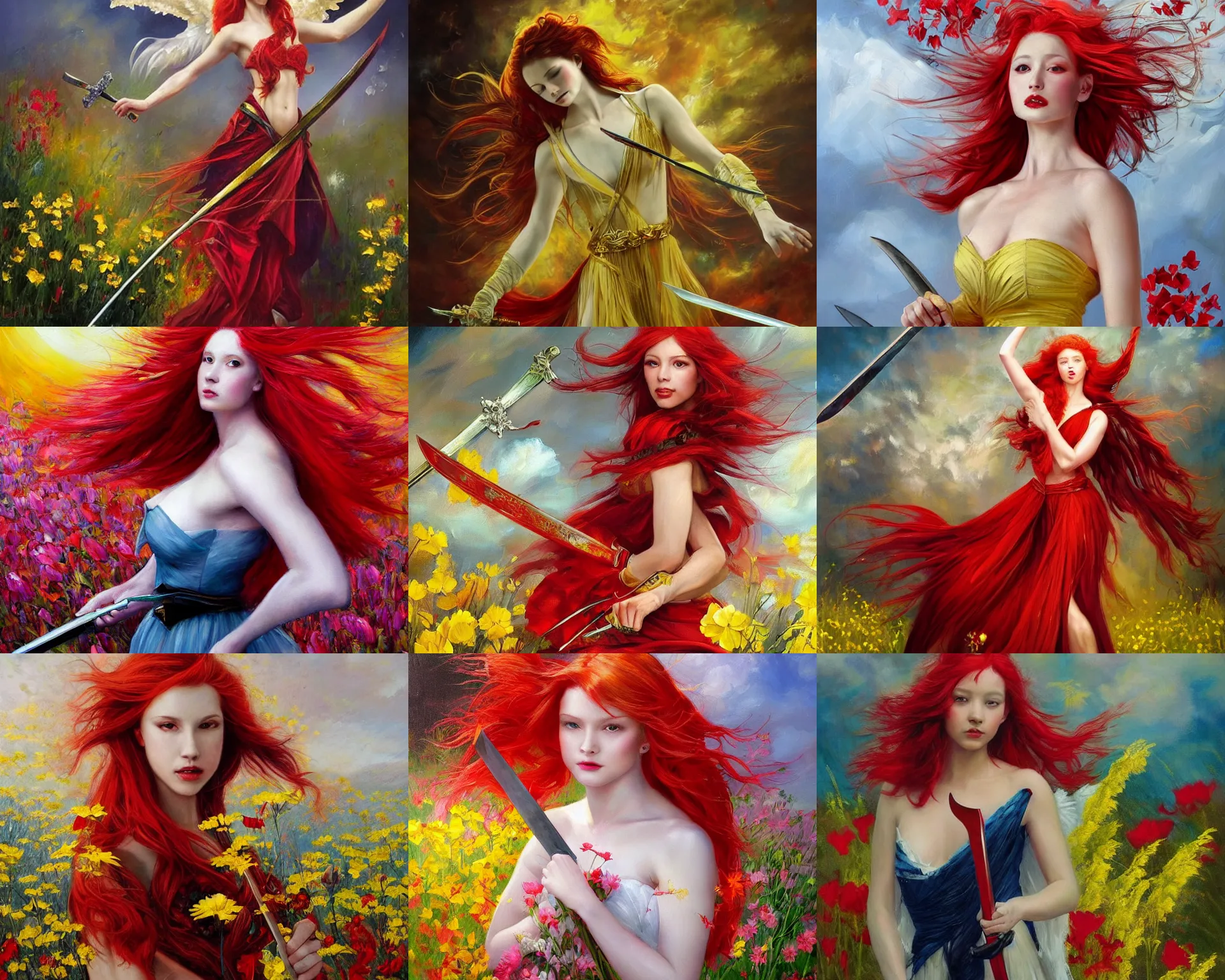 Prompt: a beautiful elegant angel with red hair and a sword in his hand dances in a bright field of flowers, overcast!!!!, light yellow and red color scheme, wide angle, extreme longshot!!, oil painting by David Johnston and Quindzhi