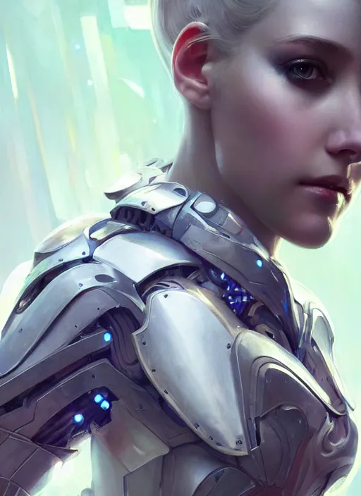 Image similar to close up pale woman in sci - fi bionic armor, looking at the camera very intensely, stoic, sparkling eyes, extremely beautiful and aesthetic and attractive detailed face and body, intricate, chiaroscuro, model pose, fantasy illustrations, light novel cover art, by makoto shinkai and jeremy lipking and ferdinand knab