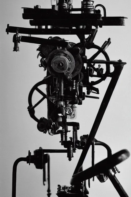 Image similar to a close-up portrait of Marcel Duchamp's industrial machine in the style of Hito Steyerl and Shinya Tsukamoto and Irving Penn and Robert Frank, minimal contraption