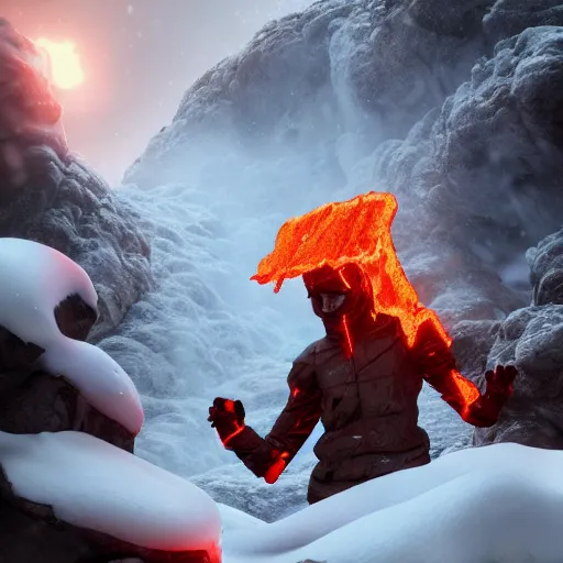 Image similar to a lava man on a snowy biome, heatwave, fantasy, hyper realism, behance, artstation, unreal engine 5, octane, deviantart