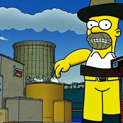 Prompt: Shot of Walter White in the Simpsons stealing radioactive waste from the nuclear power plant