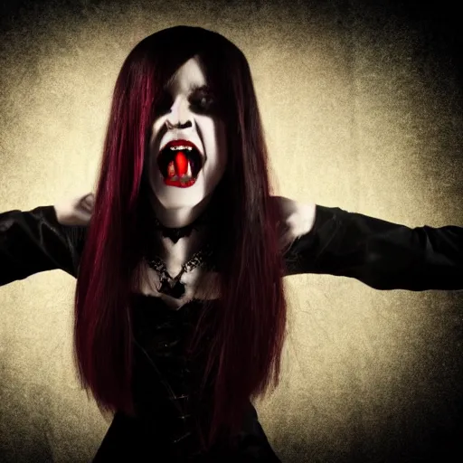 Image similar to a female vampire showing her fangs, gothic, horror, 4K, cinematic