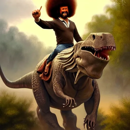 Image similar to bob ross!!! riding! a dinosaur!!, giant afro!, model pose, ultra realistic, concept art, intricate details, highly detailed, photorealistic, octane render, 8 k, unreal engine. art by artgerm and greg rutkowski and alphonse mucha