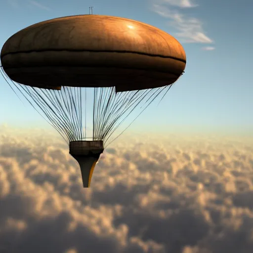 Image similar to A steampunk airship flying through the clouds towards a towards a steampunk city