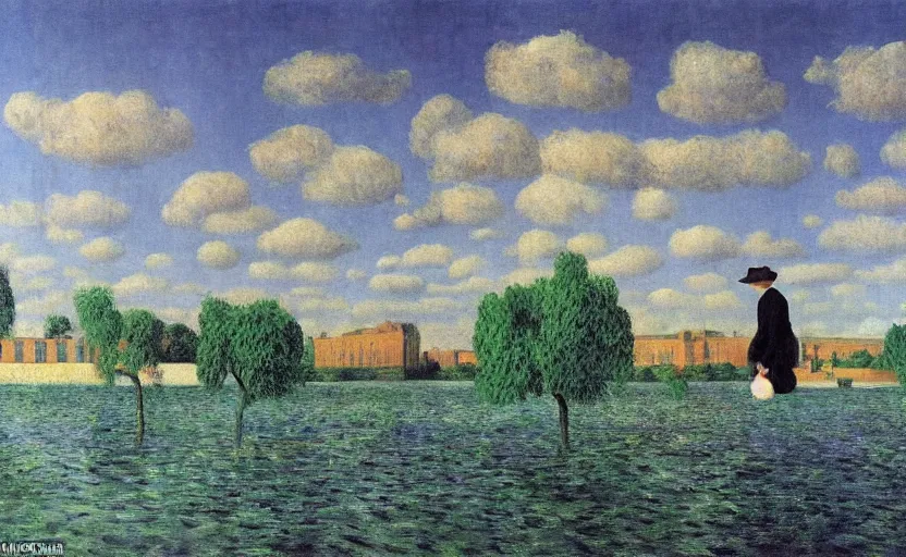 Prompt: and it used to be for a while that the river flowed right to my door making me just a little too free but now the river doesn't seem to stop here anymore, by magritte, renoir, colorful, impressionist, surreal