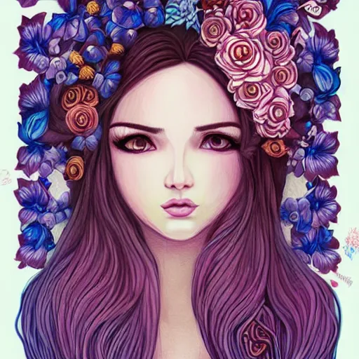 Prompt: beautiful portrait of a women by jeremiah ketner, flowers, detailed, texture hair,