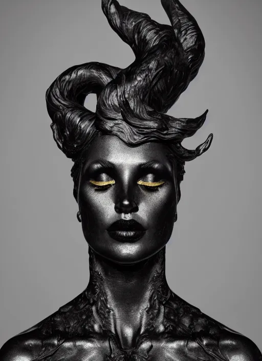 Prompt: a statue made of a gorgeous devil woman, made of black marble with gold veins, perfect symmetrical face, no eyes, hyper realistic, hyper detailed, fujicolor superia photo, by johannen voss, by peter kemp, by monia merlo, by michelangelo, octane render, blender, 8 k