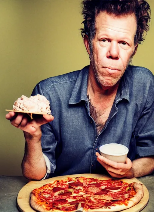 Image similar to Tom Waits eating pizza with ice cream on top, color photograph portrait 4k