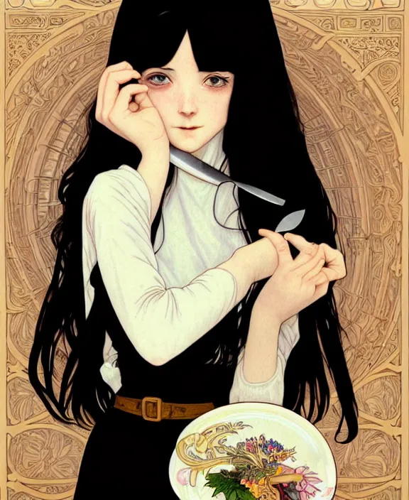 Image similar to portrait of a morbid 18 year old young woman wearing a cottage-core aesthetic dress with straight silky black hair, in a butcher shop, holding a butcher knife, insanely and epically detailed high-quality small details, beautiful golden ratio, exquisitely detailed soft shadowig style, epic illustration style, style of Range Murata and by Alphonse Mucha and by Katsuhiro Otomo.