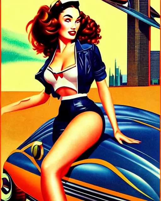 Image similar to beautiful retro space megan fox varga girl posing on a car in diesel punk city, windblown dark hair, retro pinup model, seductive, 1 9 4 0, hyper detailed, digital art, smooth, sharp focus, alberto vargas,