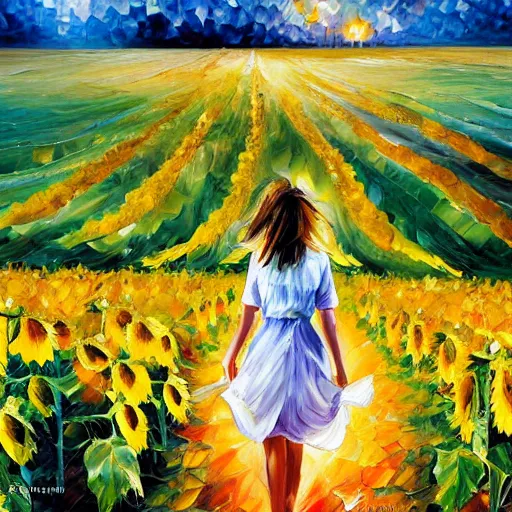 Prompt: a girl slowly walking through amazing tall sunflower field, her hair flowing down, subtle, intricate details, real masterpiece, oil on canvas, by leonid afremov