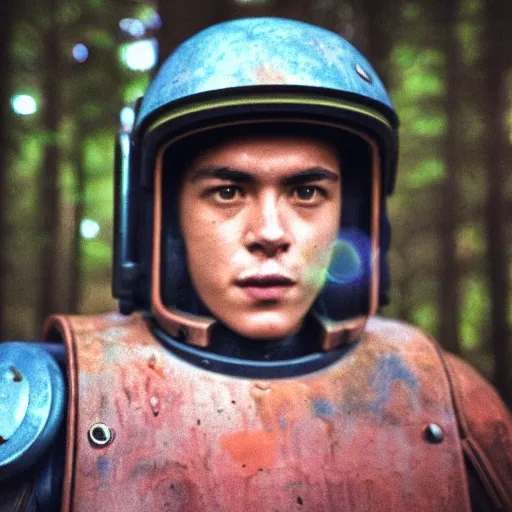 Image similar to close up kodak portra 4 0 0 photograph of a space marine after the battle standing in dark forest, m, moody lighting, telephoto, 9 0 s vibe, blurry background, vaporwave colors, faded!,