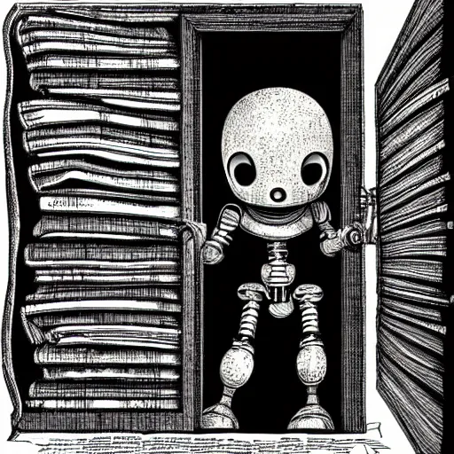 Prompt: robot horror crawling out from an open book, library, dark window, disarray, messy, dirty, hyperrealistic, horror movie