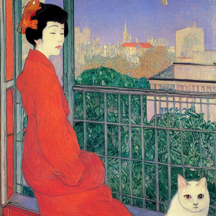 Image similar to portrait of woman in colourful kimono, white cat and house plant with city with gothic cathedral seen from a window frame with curtains. cloudy sunset. bonnard, henri de toulouse - lautrec, rene magritte, utamaro, matisse, monet