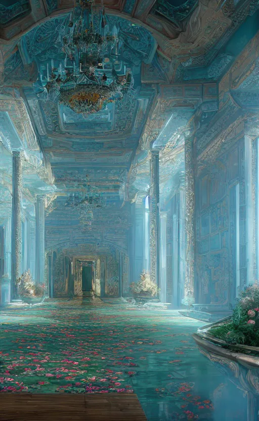 Image similar to vanishing point, palace covered with aqua blue roses like the forbidden city in distance at the red rose royal manor, viewed from afar, stephen bliss, misty, unreal engine, fantasy art by greg rutkowski, loish, ferdinand knab, and lois van rossdraws,, global illumination, radiant light, minimalist, detailed and intricate environment