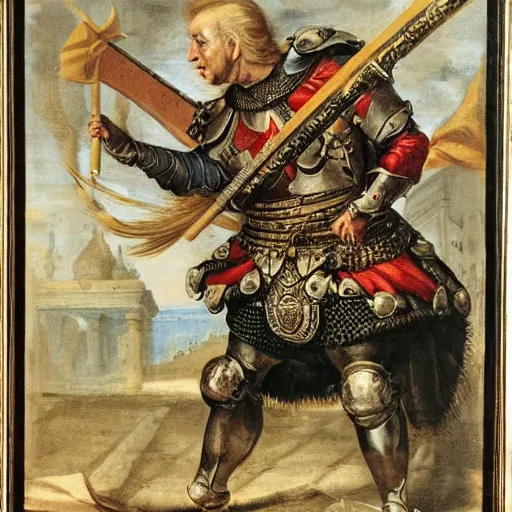 Image similar to donald trump, donald trump, wearing knight ’ s armor, holding a spectacular broadsword, by annibale carracci, two arms, two legs, donald trump, symmetrical face, highly detailed face, perfect face