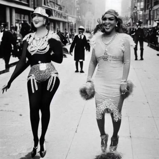 Image similar to 1920s photo of Mariah Carey and Beyonce walking down 5th Avenue