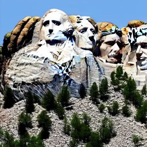 Prompt: a photo of mount rushmore after donald trump's face had been added. the photo clearly depicts the facial features of donald trump, at a slightly elevated level, depicting his particular hair style carved into the stone at the mountain top, centered, balances, regal, pensive, powerful, just