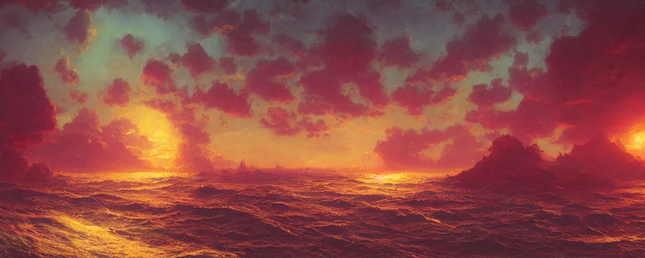 Image similar to ” still ocean, [ art by paul lehr, cinematic, detailed, epic, widescreen, opening, establishing, mattepainting, photorealistic, realistic textures, octane render ] ”