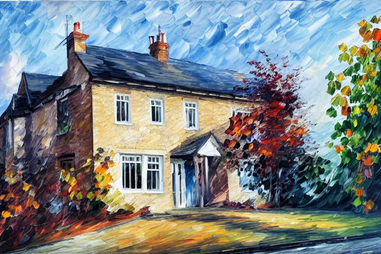 Image similar to cyberpunk, an estate agent listing photo, external view of a 5 bedroom detached countryside house in the UK, summer, sunny day, by Leonid Afremov