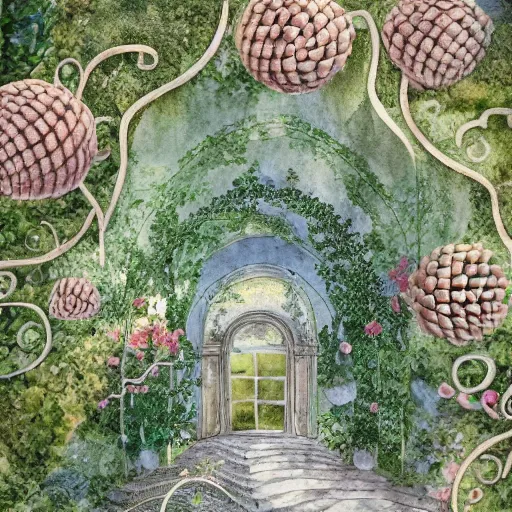 Image similar to delicate coastline garden on paper, spirals, stony, puffy, vines, botanical herbarium, botanic watercolors, iridescent, 8 k wide angle, realistic shaded, fine details, artstation, italian, rainbow, colonnade, oak, pinecone, pomegranade, vines, gardena architecture, pompeian, sicilian