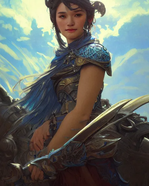 Image similar to Portrait of a Fantasy azure knight, moonlit, HD, illustration, epic, D&D, fantasy, intricate, elegant, highly detailed, digital painting, artstation, concept art, smooth, sharp focus, illustration, art by artgerm and greg rutkowski and alphonse mucha, monster hunter illustrations art book