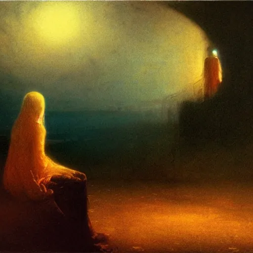 Image similar to a young woman lucid dreaming in cyberspace photoreal, atmospheric, by william turner, by beksinski, by caspar david friedrich, oil painting, romantism, realism, limited palette