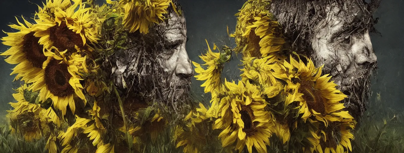 Prompt: old soldiers head being overgrown by sunflowers, broken tank and Krimea in background, dark, eerie, despair, portrait photography, artstation, digital art, adward winning, concept art, artstation, highly detailed, sharp focus, by caravaggio