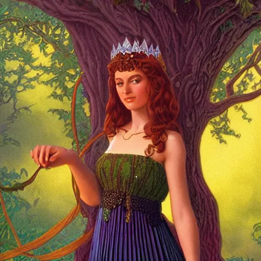 Prompt: A beautiful Queen of the Fae with brown hair wearing a pleated green dress and a silver diadem, illustration by Greg and Tim Hildebrandt